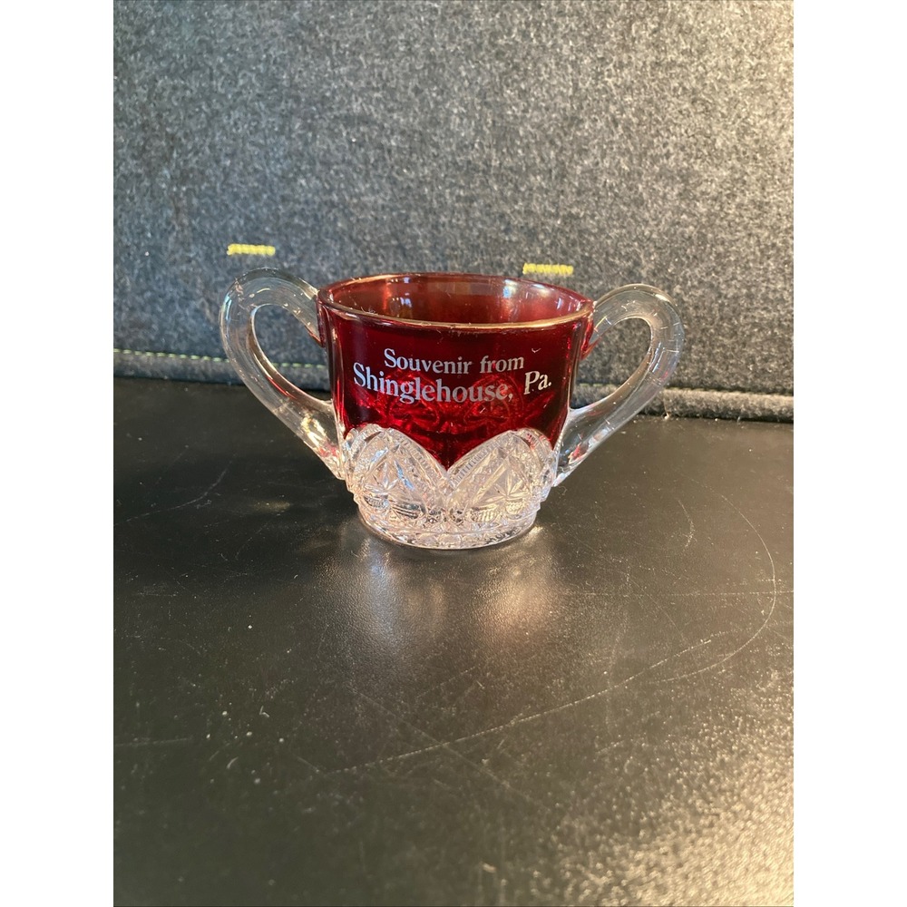 Antique Ruby Flash Glass Sugar Bowl Shinglehouse PA Souvenir Double Handle